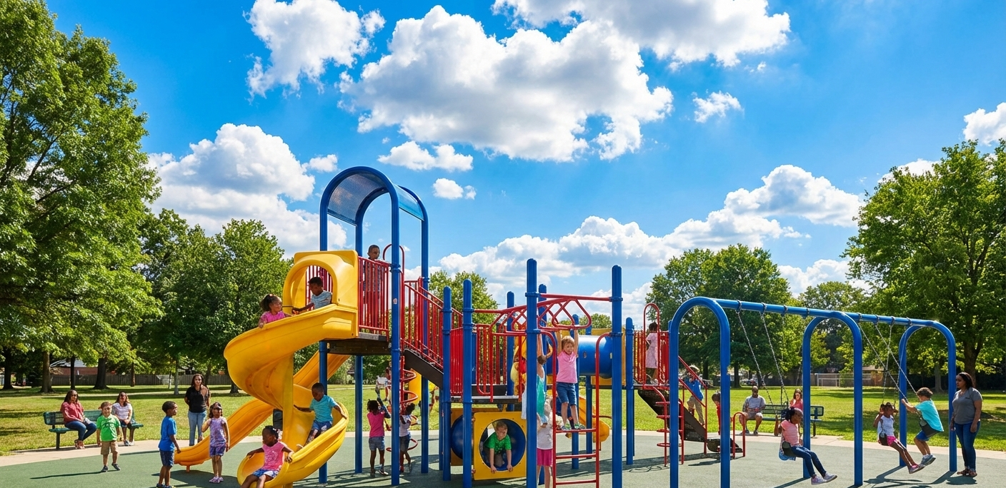 Colorful playground with children playing on a sunny day